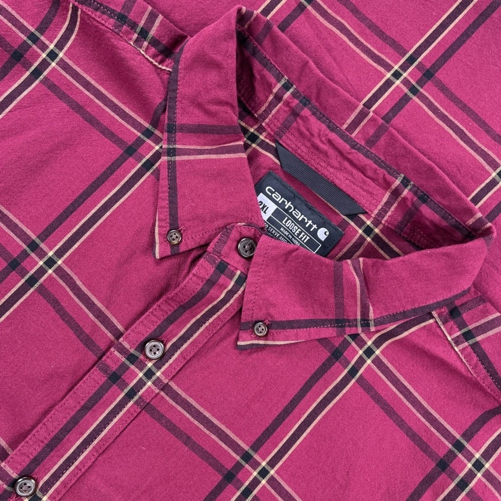 Carhartt Mens Loose Fit Windowpane Plaid Button Down Shirt Burgundy TW4441-M 2XL